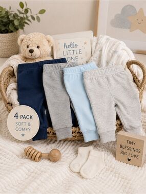4-Pack Baby Pants Set - Navy, Light Blue & Grey Kids Bottoms-Newborn